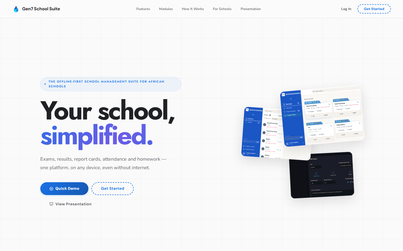 Gen7 School Suite landing page: an offline-first school management dashboard showing exams, results and report cards.